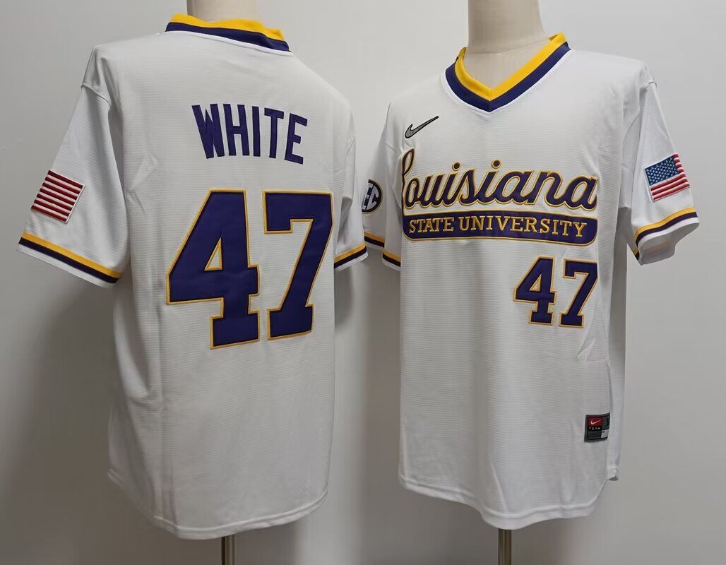 2024 NCAA Men LSU Tigers 47 White white style 2 Nike jersey